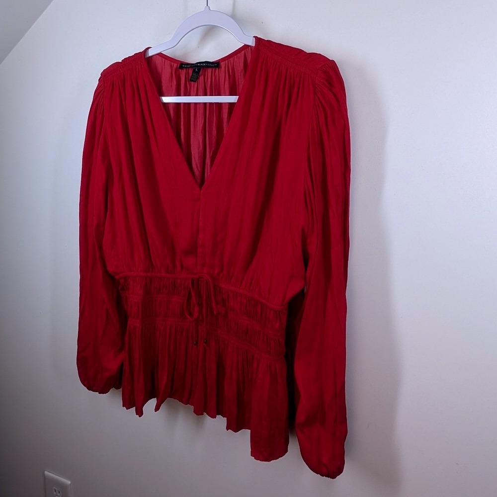 White House Black Market Red Smocked Waist V-Neck Peplum Blouse Large - Picture 3 of 7